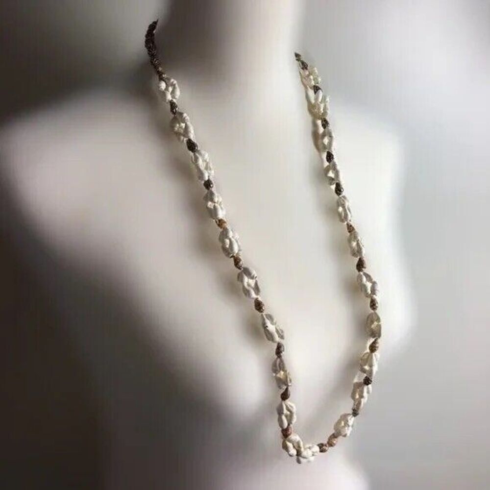 Beaded Shell Necklace 32 Inch Brown Cream Beach Surfer Boho